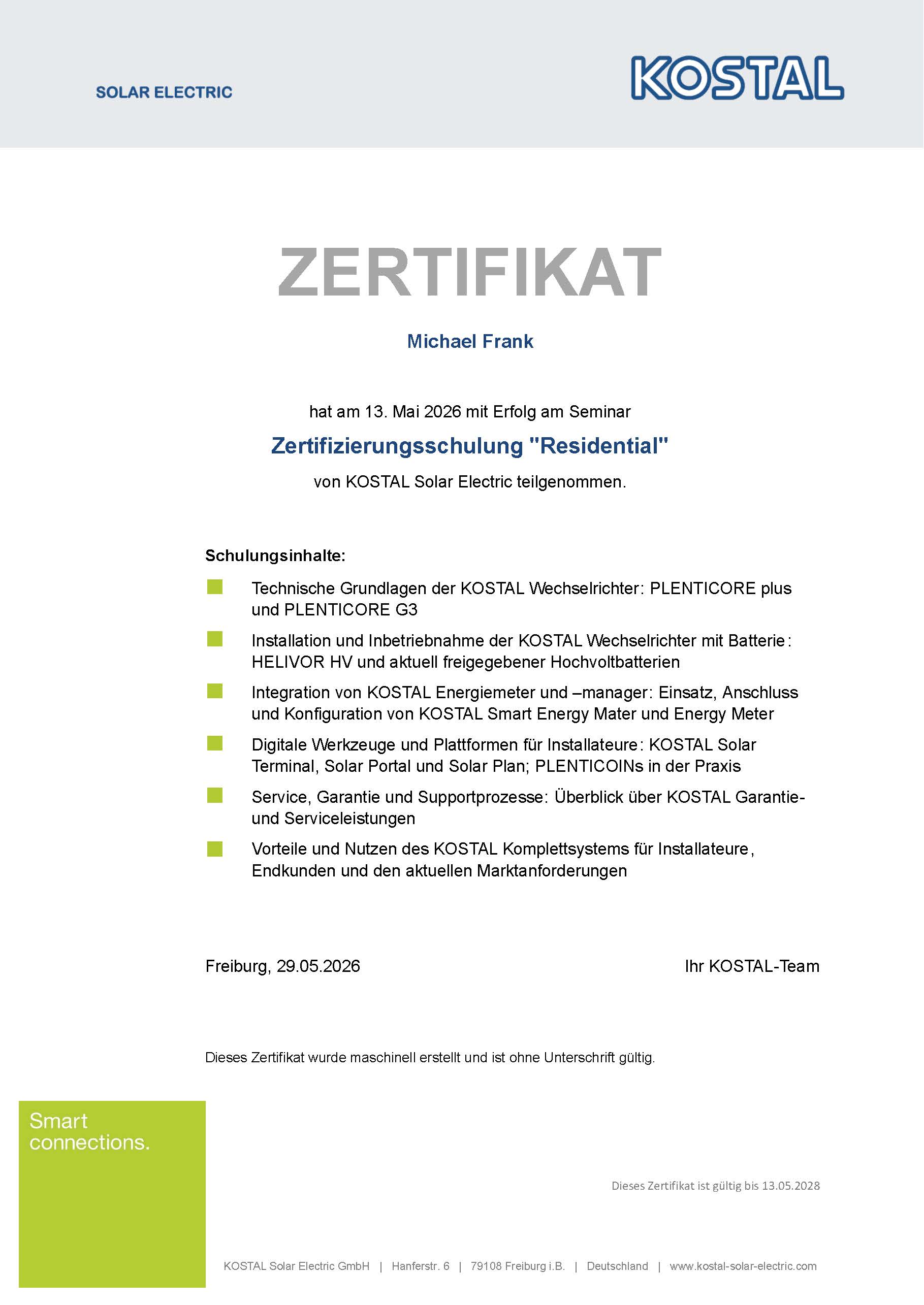 Zertifikat Zertifizierungsschulung Residential